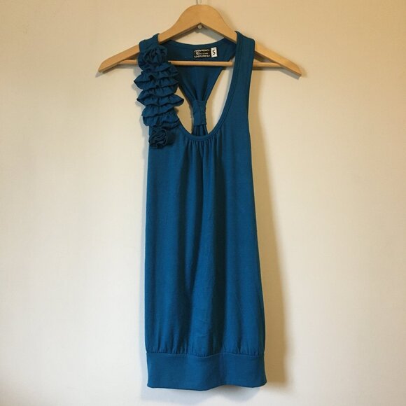 Y2K Peacock Blue Rose Ruffled Strap Bubble Hem Tank Top - Picture 1 of 12